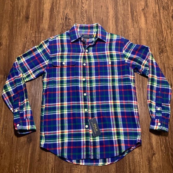 Polo Ralph Lauren Plaid Flannel Shirt Blue Long Sleeve Small New - Picture 1 of 8
